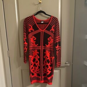 Vera Wang Long Sleeve Red and Black Geometric Dress